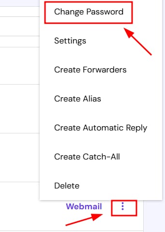 Webmail menu with Change Password option highlighted