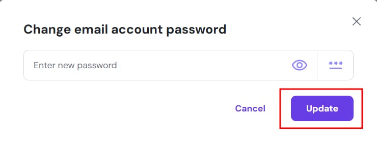 Hostinger email password change dialog with Update button highlighted