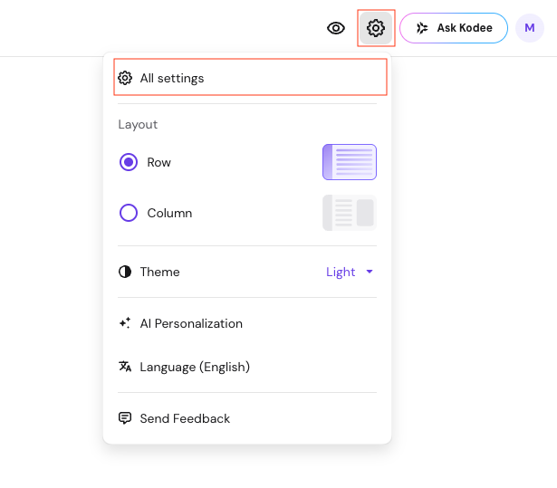Settings menu open with Row layout selected and Light theme dropdown visible