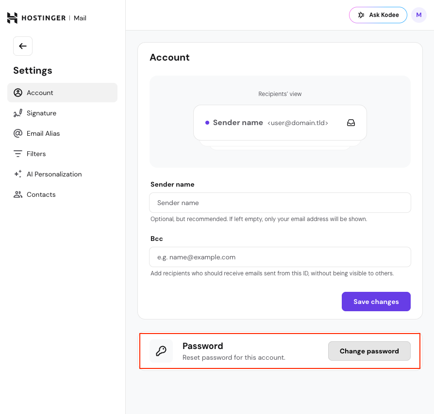Hostinger Mail settings, account page with Password section and Change password button highlighted
