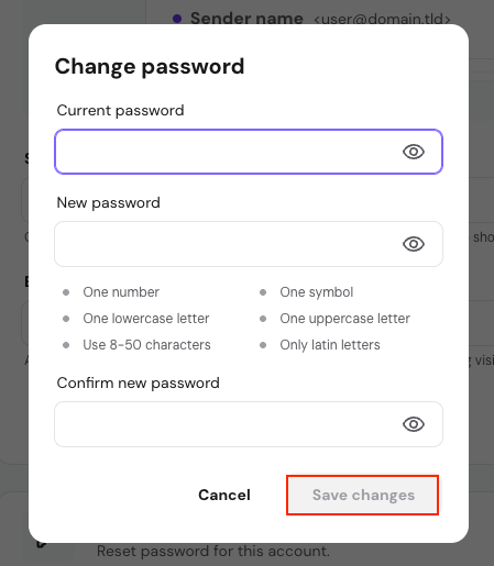 Change password modal with current password field focused and Save changes button disabled