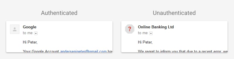 Gmail email authentication comparison: authenticated Google message vs unauthenticated online banking email