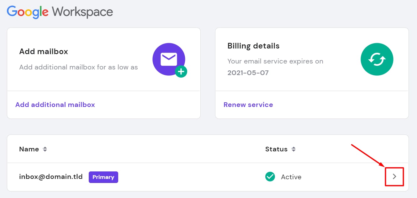 Google Workspace account row with the right-side chevron highlighted for inbox@domain.tld
