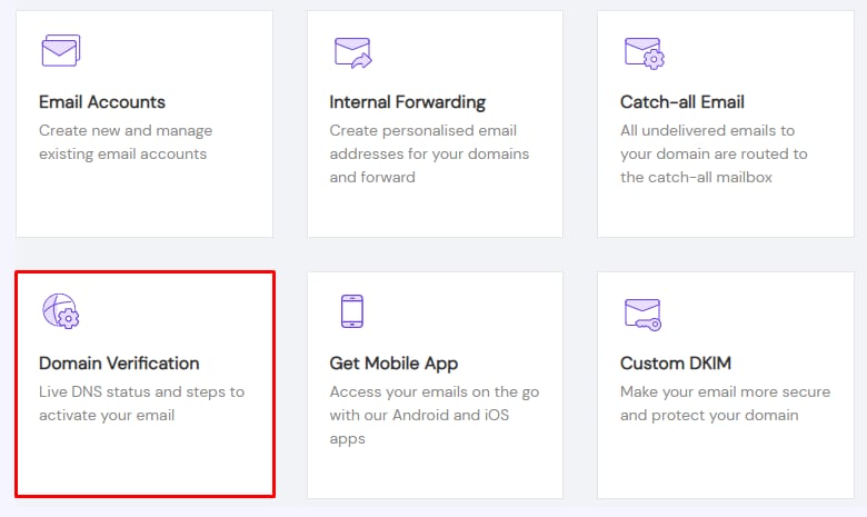 Hostinger email settings tiles with Domain Verification tile highlighted