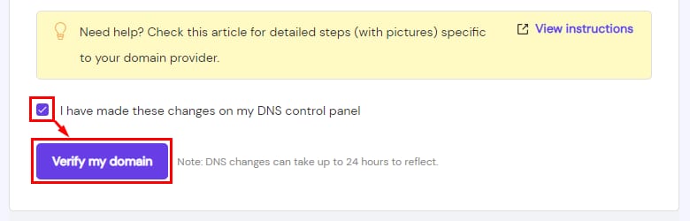 Titan Email domain verification step with “Verify my domain” button and DNS changes checkbox highlighted