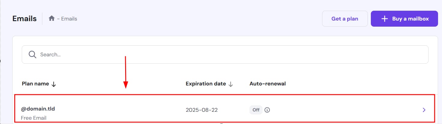 Hostinger Emails dashboard showing a selected email plan row with expiration date and auto-renewal off