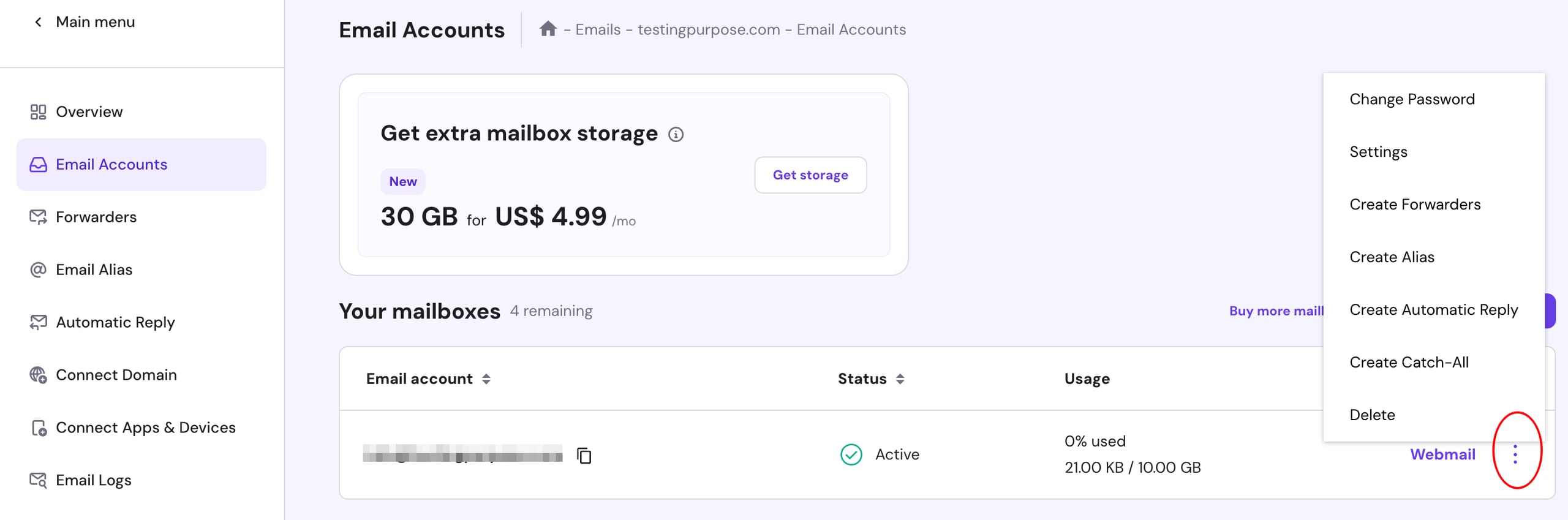 Hostinger Emails email accounts page with the account action menu open on the three-dot button