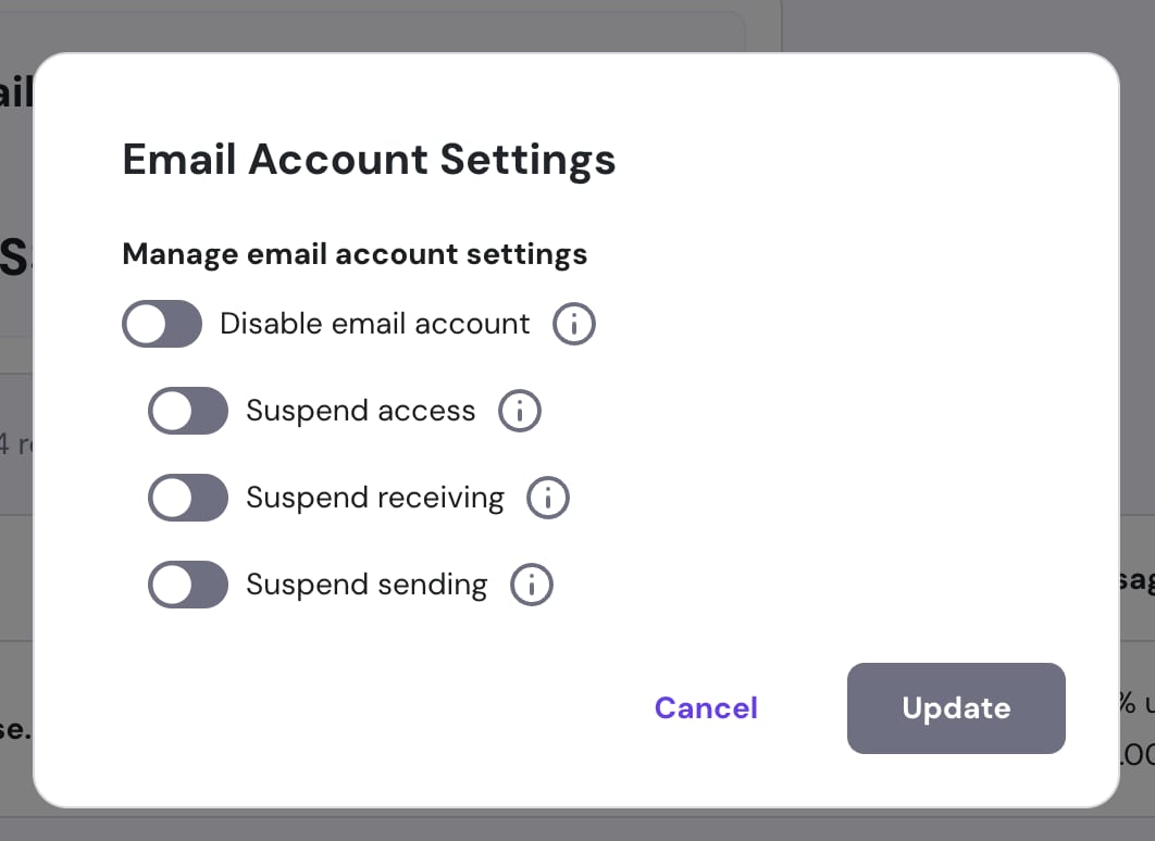 Hostinger email account settings dialog with disable email account toggle visible