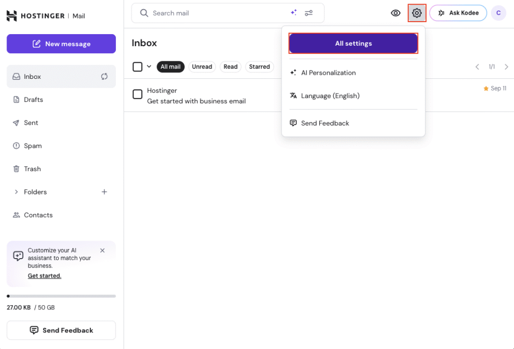 Hostinger Mail inbox with gear menu open and All settings highlighted