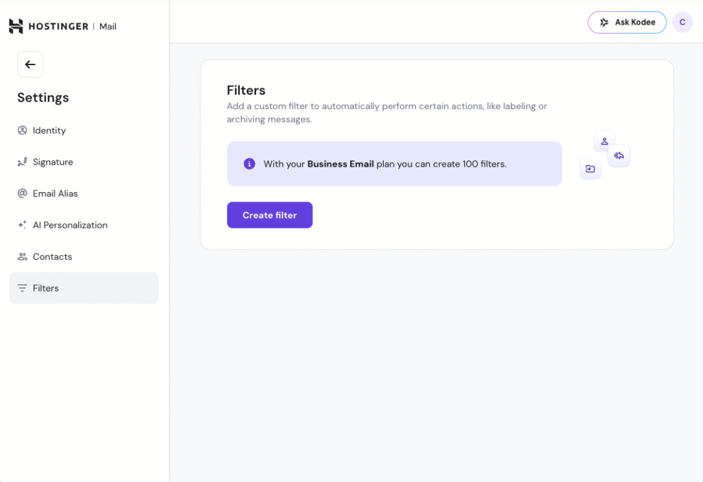 Hostinger Mail settings page on the Filters section with a Create filter button