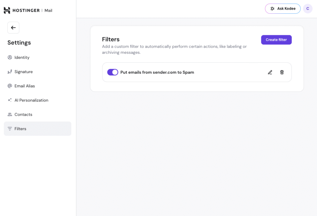 Hostinger Mail filters settings with one enabled filter to send sender.com emails to Spam