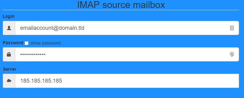 IMAP source mailbox login form with email, password, and server fields