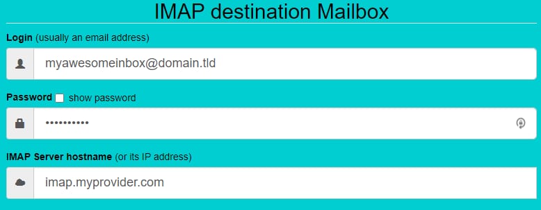 IMAP destination mailbox form with login, password, and IMAP server hostname fields