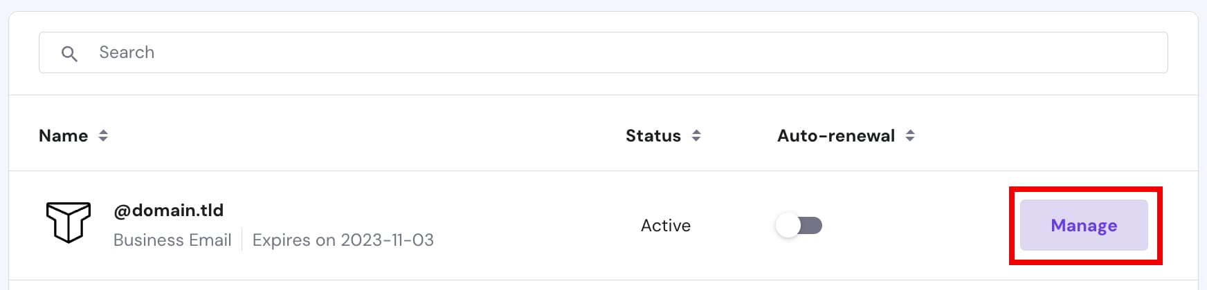 Titan email plan row with the Manage button highlighted