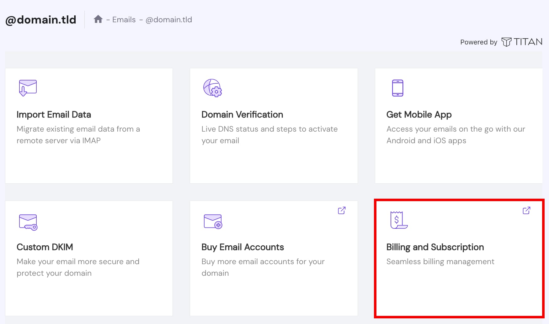 Titan Email Billing and Subscription tile highlighted in red