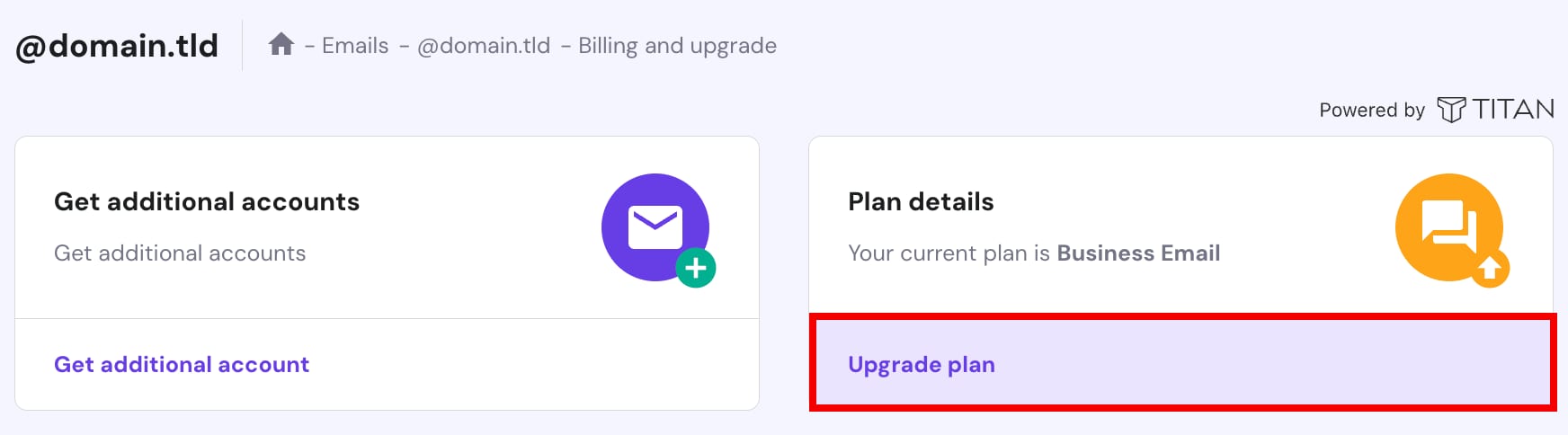 Titan Email billing page with the Upgrade plan button highlighted in the Plan details card