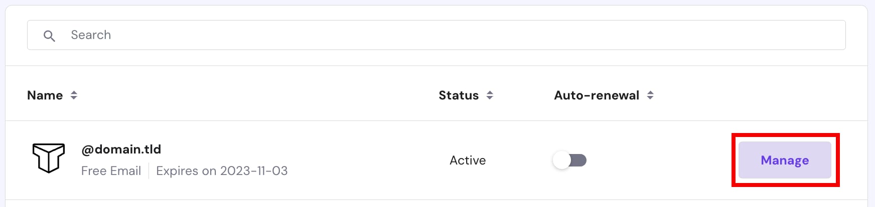Titan Email plan list with the Manage button highlighted for @domain.tld email account