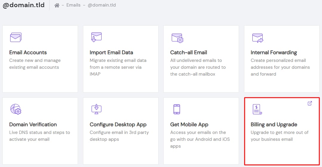 Titan Email billing and upgrade tile in the email dashboard