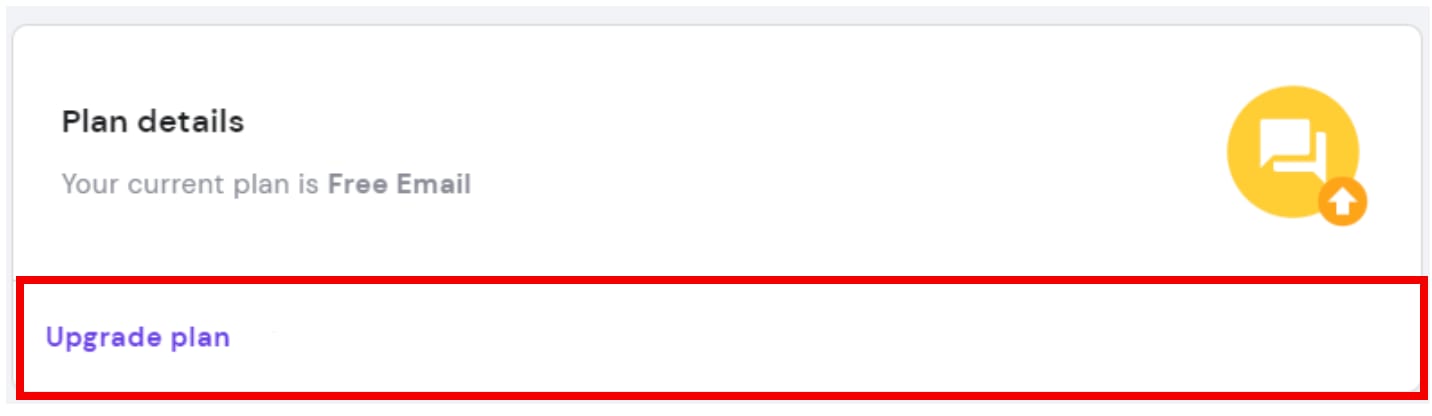 Free Email plan details with the Upgrade plan option highlighted