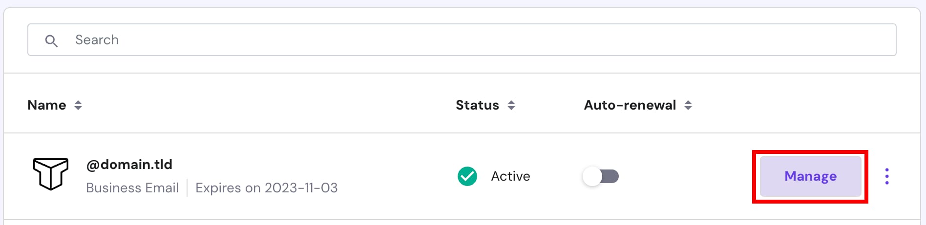 Titan Email mailbox list with the Manage button highlighted