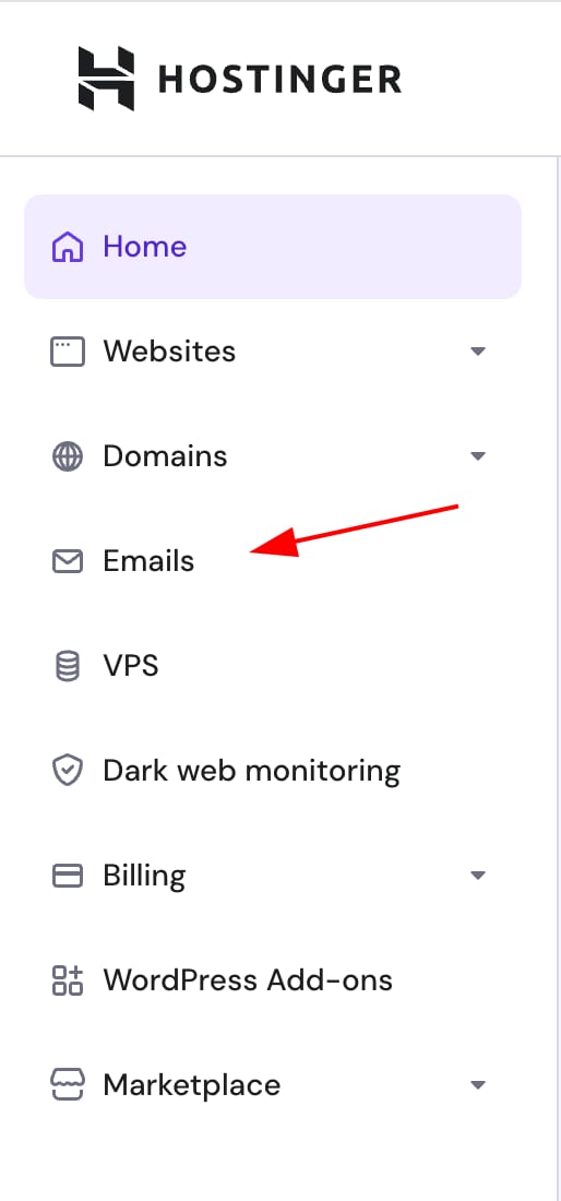 Hostinger sidebar with Emails menu item highlighted by a red arrow