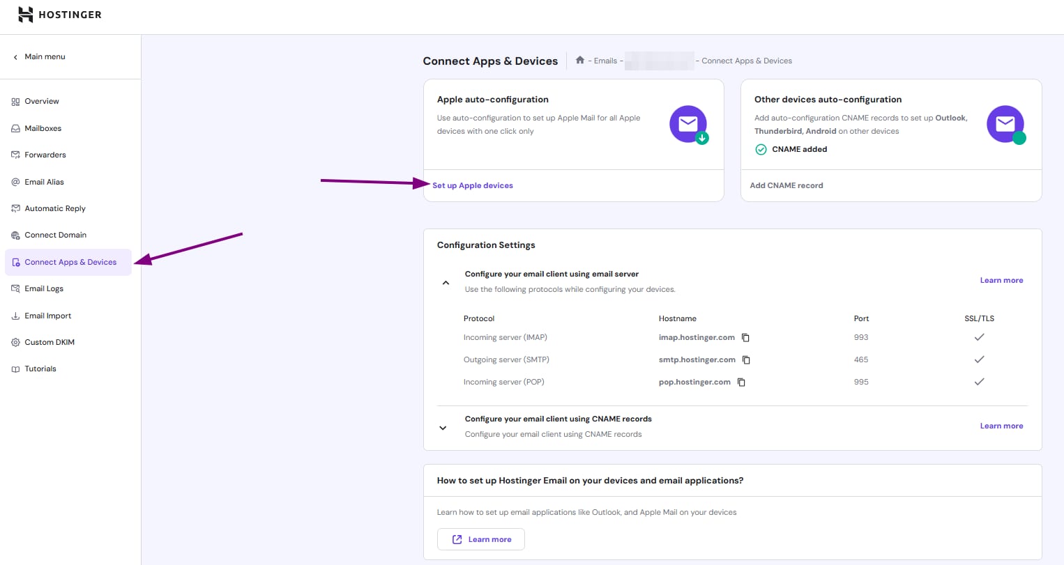 Hostinger Email dashboard with Connect Apps & Devices and Set up Apple devices highlighted