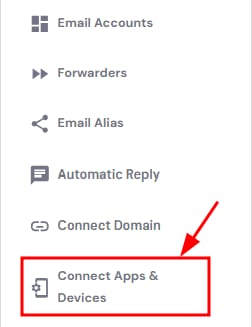 Hostinger Email menu with Connect Apps & Devices highlighted