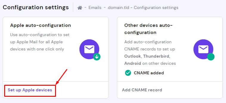 Hostinger Email configuration settings with the Set up Apple devices button highlighted