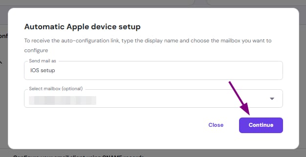 Hostinger Email auto-config popup with the Continue button highlighted