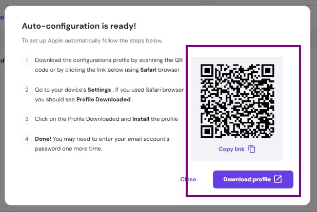 Hostinger Email auto-configuration popup with QR code and highlighted Download profile button