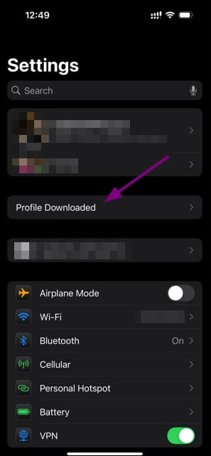 iPhone Settings showing the Profile Downloaded option highlighted