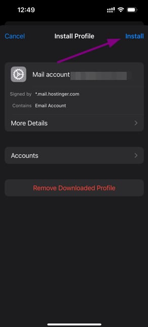 iPhone Install Profile screen with Install button highlighted for Hostinger Mail account
