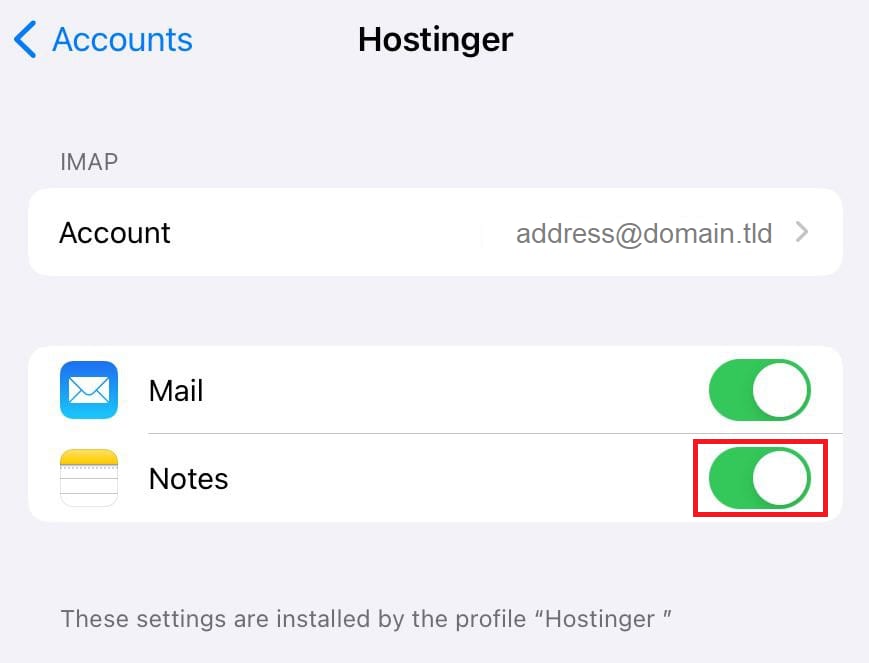 Hostinger account settings with the Notes toggle enabled in iPhone Mail IMAP settings