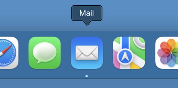 Mac OS X Dock with the Mail app icon highlighted and labeled “Mail”