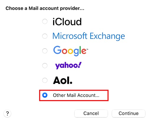 Mac Mail account provider dialog with Other Mail Account selected