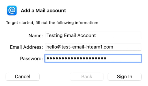 Mac Mail “Add a Mail account” window with the Password field highlighted