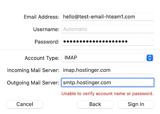 Hostinger email setup in Mail with outgoing mail server field highlighted for smtp.hostinger.com