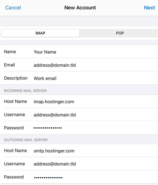 iPhone Mail IMAP setup screen with Hostinger incoming and outgoing server fields
