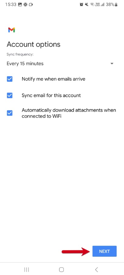 Gmail account options screen with the Next button highlighted at the bottom right