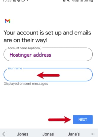 Gmail setup screen for Hostinger email with the Next button highlighted