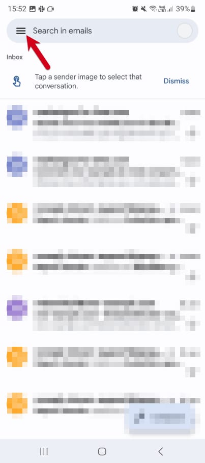 Gmail inbox on Android with the hamburger menu highlighted near the search bar