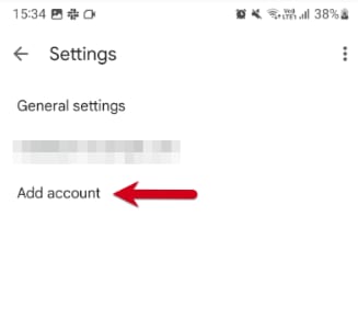 Gmail settings screen with Add account option highlighted