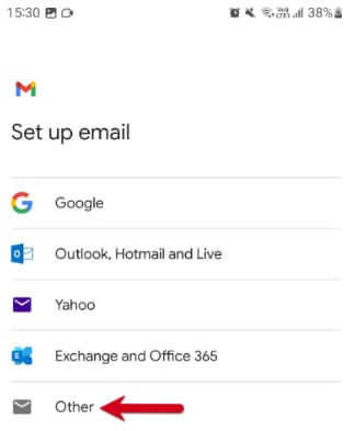 Gmail setup screen showing the Other email account option highlighted at the bottom