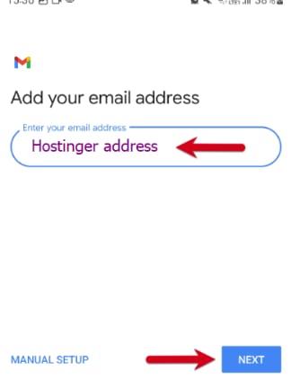Gmail add email address screen with Hostinger address field highlighted and Next button below
