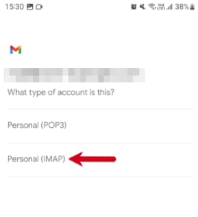 Gmail account type selection screen with Personal (IMAP) option highlighted