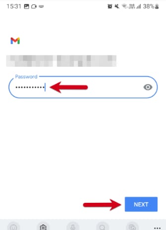 Gmail password field with Next button highlighted for email setup