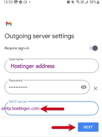 Gmail outgoing server settings with smtp.hostinger.com field and Next button highlighted