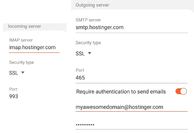 Hostinger email settings showing IMAP server and SMTP authentication toggle on Samsung Mail