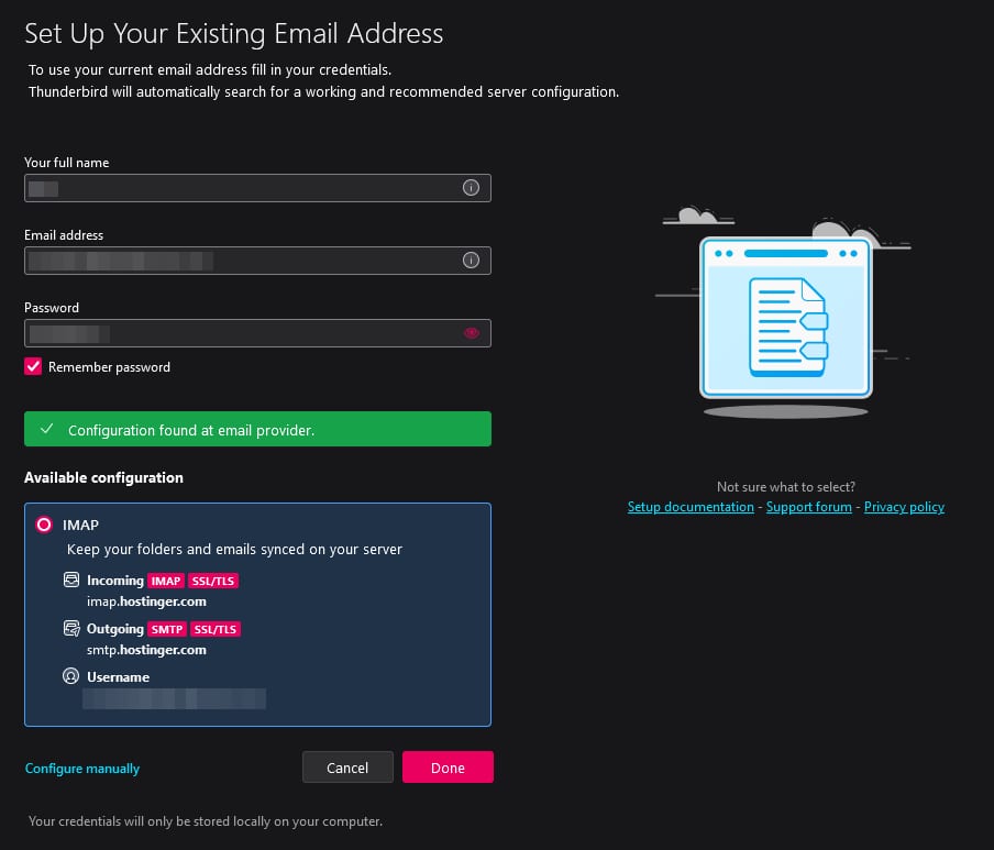 Thunderbird setup screen with IMAP configuration found for Hostinger email account