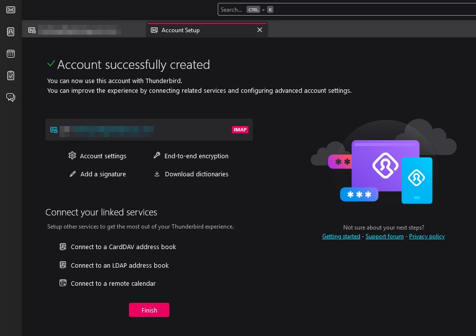 Thunderbird account setup screen with account successfully created and Finish button highlighted